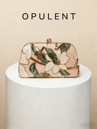 Vintage Magnolia Floral Embroidered Sequin Evening Clutch, Luxury Pearl Decor Kiss Lock Handbag, Elegant Formal Party Wallet For Women, Suitable For Wedding, Cocktail Party