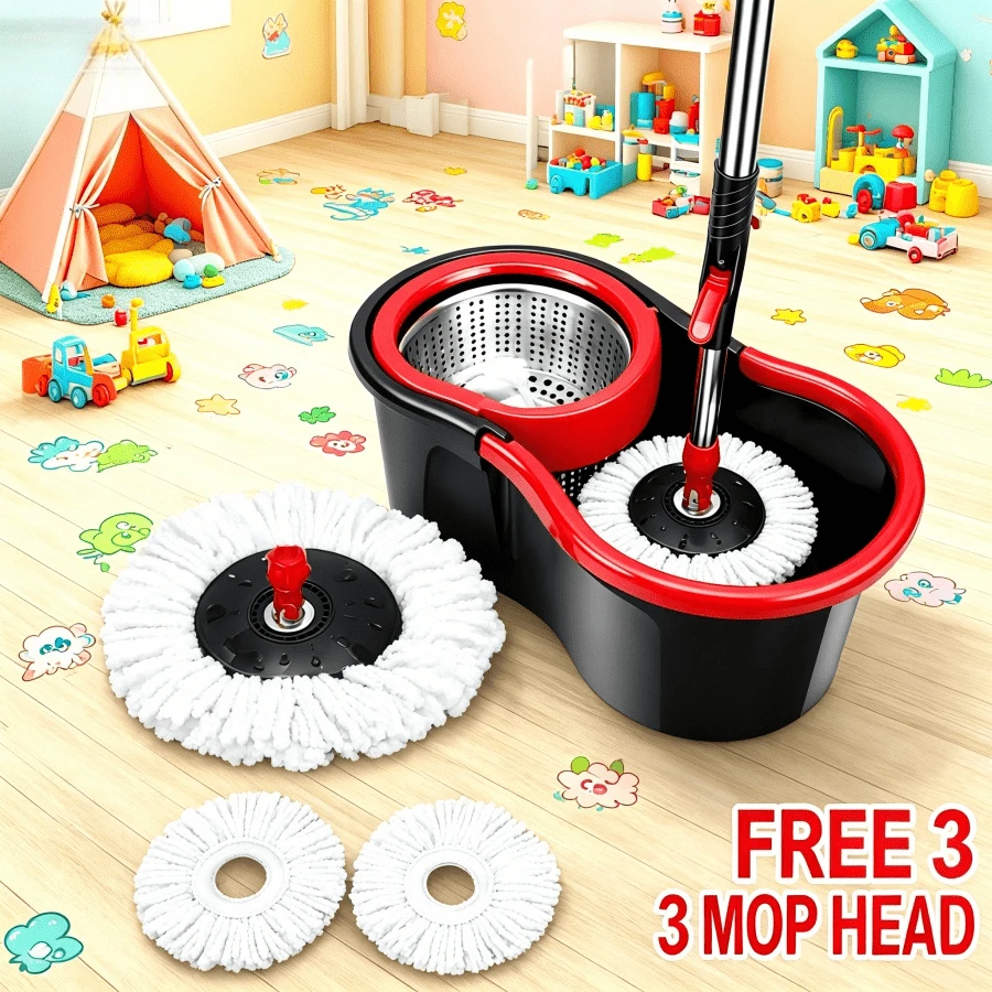 360° Rotating Cleaning Mop With Bucket, Including 3 Microfiber Replacement Heads And Extended Stainless Steel Handle, A Wet And Dry Cleaning Tool Suitable For Home And Office Use. - 黑紅色(加厚版) - 查看 1