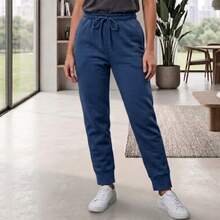 Thick Cotton Jogger Sweatpants With Pockets, Comfortable Style, Elastic Waistband. - Navy Blue - View 1