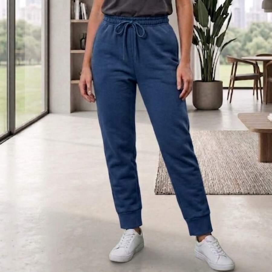 Thick Cotton Jogger Sweatpants With Pockets, Comfortable Style, Elastic Waistband. - Navy Blue - View 1