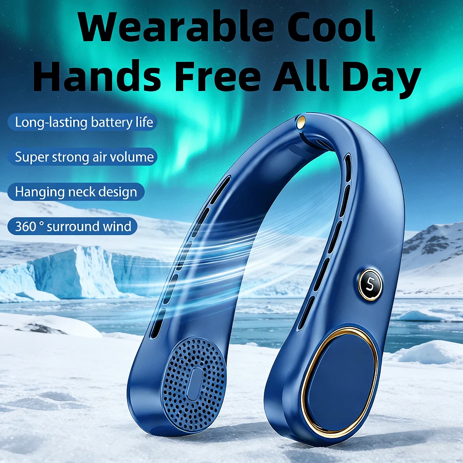 Neck Fan, Hands-Free Bladeless Neck Fan Portable Rechargeable, 360° Cooling Neck Fan, 5-Speed, Silent, 3000MAh Battery Powered USB Wearable Personal Fan For Women, Travel, Outdoor Gifts - 3000mAh - Blue - View 1