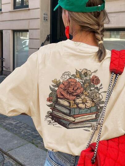Camiseta de manga corta con cuello redondo, estampado de libro floral minimalista de nueva llegada para el verano, ropa casual versátil y de moda para mujeres