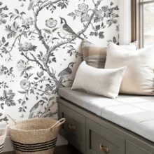 1 Roll Black & White Bird & Floral Self-Adhesive Wallpaper, Retro Aesthetic Removable And Reusable Peel And Stick Wallpaper, Easy To Install, PVC Material Contact Paper, Home Decor Wall Covering For Kitchen, Living Room, Bedroom, 17.3*118.1/196.8/393.7in - Black and White - View 10