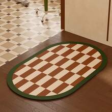 Oval-Shaped Bathroom Mat In White And Brown Plaid, French Retro Style. Bathroom Rug, Bathroom Carpet, Door Mat, Small Rug, Carpet, Mat, Home Decor, Area Rug, Outdoor Mat, Home Decor, Area Carpet, Bedroom Carpet, Washable Rug - Multicolor - View 2