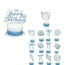 一套海洋主题生日蛋糕装饰，蓝色贝壳珊瑚蝴蝶结图案，包含1个大型“生日快乐”蛋糕装饰插牌和12个迷你纸杯蛋糕装饰插牌，适用于海洋主题生日派对、沙滩派对、美人鱼派对、夏季泳池派对、迎婴派对、男女婚礼装饰。 - 多色 - 查看 1