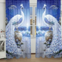 2 tấm rèm cửa sổ bán trong suốt in hình chim công nghệ thuật hiện đại, thiết kế cảnh biển xanh cho phòng khách, phòng ngủ. Bán trong suốt, bán cản sáng, bảo vệ sự riêng tư - Xanh đậm - Xem 13