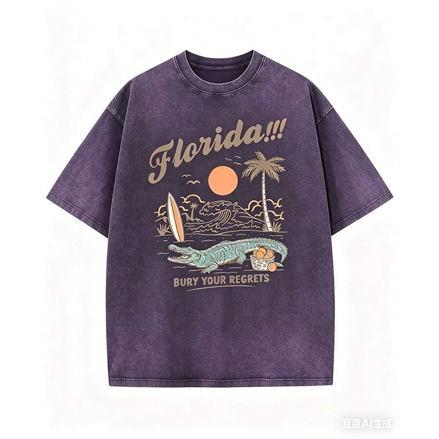 Florida Palm Tree Pattern T-Shirt - Women's Casual Vacation Short Sleeve T-Shirt, Palm Tree And Surfboard Graphic, Round Neck Short Sleeve Top, Suitable For Summer Clothing, Beach Wear | Vacation Vibe Shirt | Comfortable Wear, Beach Shirt-White And Navy Off-The-Shoulder Cropped Top (Unisex) - St Pattys Day Outfit - Summer Outfits For Women - Summer Tops For Women - White Top - Vacation Outfits Women - Màu tím - Xem 1