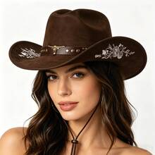 Sombrero de vaquera/vaquero bordado para mujeres y hombres, de ala ancha, con cabeza de ganado y cinturón, sombrero de fieltro tipo jazz - Café integral - Ver 1