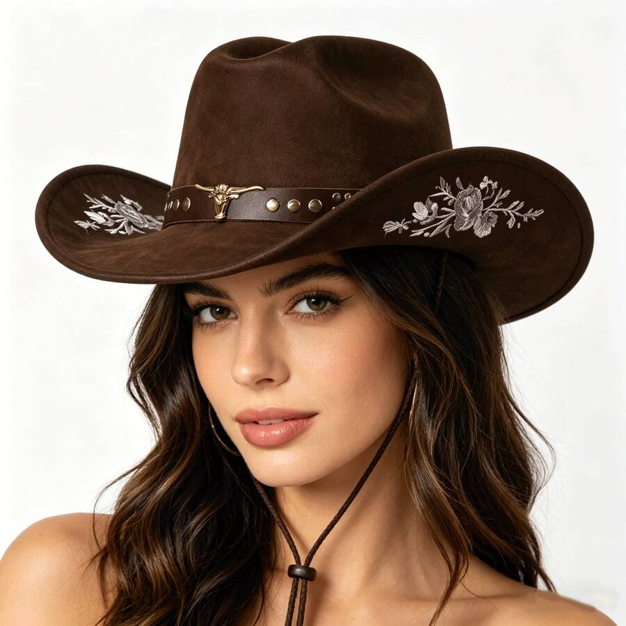 Sombrero de vaquera/vaquero bordado para mujeres y hombres, de ala ancha, con cabeza de ganado y cinturón, sombrero de fieltro tipo jazz - Café integral - Ver 1