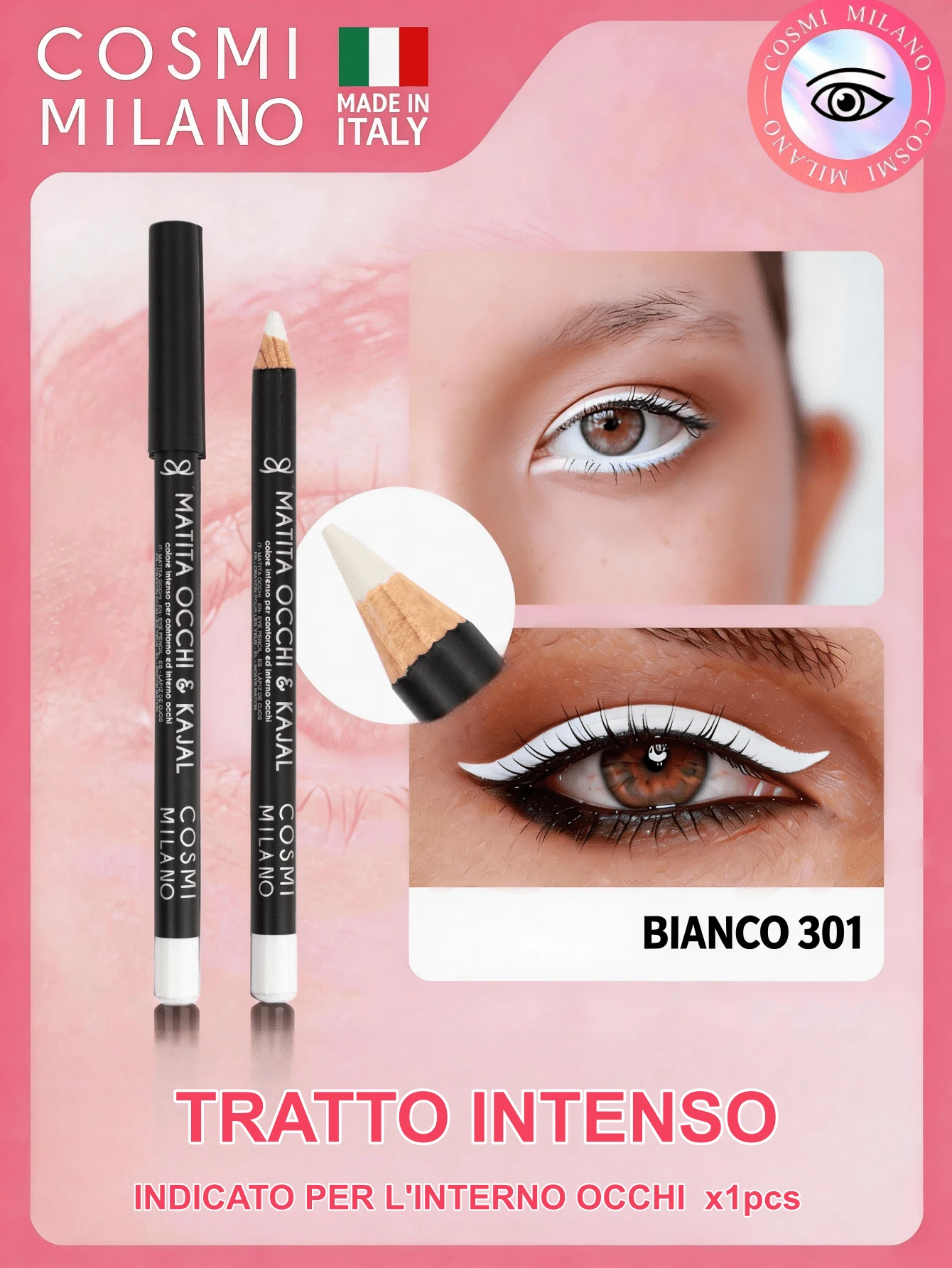 COSMI MILANO Multicolored Kajal Eye Pencil  Made In Italy, Creamy Smooth Texture, High Pigmentation, Suitable For Y2k Contouring Natural And Dramatic Effect, Must-Have Essential Make Up Makeup Unmissable Summer Makeup, Perfect For Parties, Meetings, Beach Travel - BIANCO 301 - 查看 1