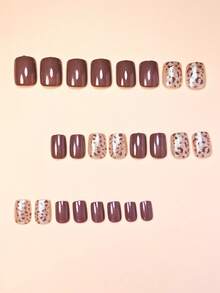 24pcs Elegant Brown Dotted Silver Glitter Caramel Brown Leopard Print Short Square False Nails, Suitable For Women And Girls, Includes 1 Adhesive Sticker And 1 Mini Nail File, Random Delivery - Coffee Brown - View 4