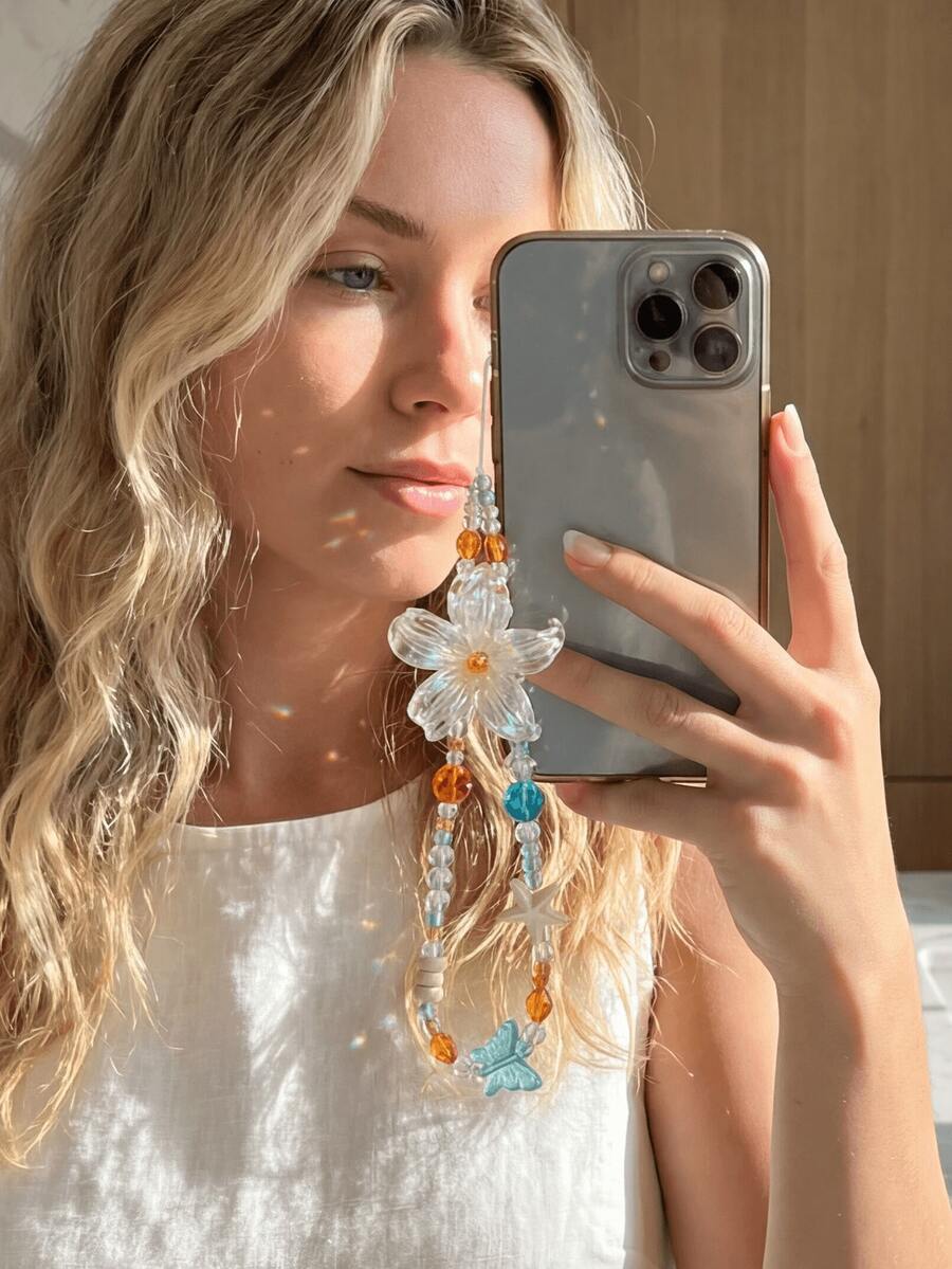 1pc Mermaid Beach Lily Flower 3D Crystal Phone Lanyard - Multicolor - View 1