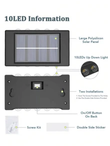 1 件/2 件/6 件户外太阳能壁灯,带 4 个 LED/8 个 LED/10 个 LED(白光/暖光),家庭和花园壁灯灯具,适用于墙壁、柱子、停车场、车库、花园装饰万圣节圣诞节感恩节礼物 - 黑色 - 查看 11