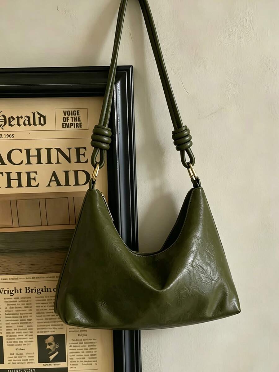 New Fashionable Sexy Solid Color PU Waterproof Fabric Woven Strap Buckle Shoulder Bag, Suitable For Travel, Shopping And Commuting To Work - Green - View 1