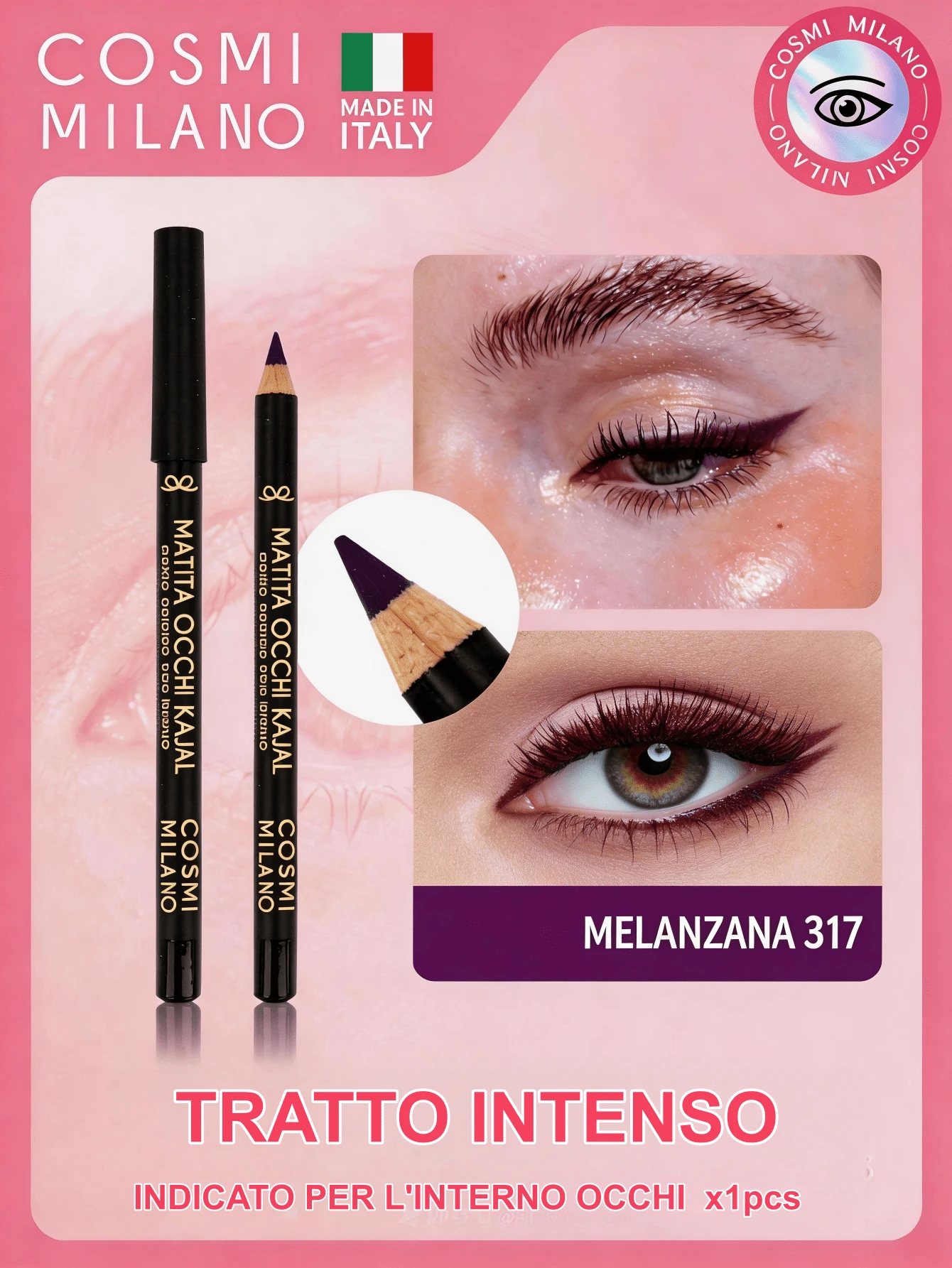COSMI MILANO Multicolored Kajal Eye Pencil Made In Italy, Creamy Smooth Texture, High Pigmentation, Suitable For Y2k Contouring Natural And Dramatic Effect, Must-Have Essential Make Up Makeup Unmissable Summer Makeup, Perfect For Parties, Meetings, Beach Travel - MELANZANA 317 - 查看 1