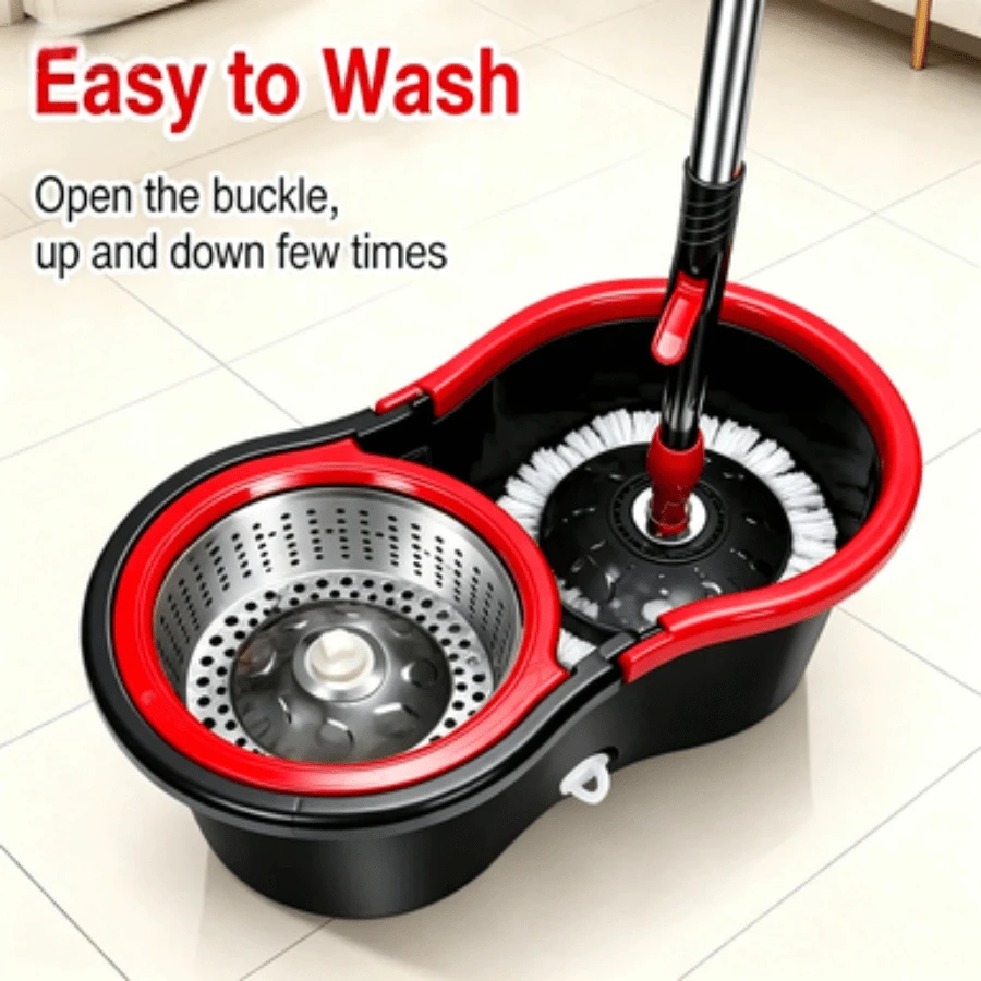 360° Rotating Spin Mop And Bucket Set With Self Wringer, Extendable Long Handle Floor Mop With 3 Microfiber Replacement Pads, Efficient Cleaning Tool For Home Kitchen Office Dorm Use - Black and Red - View 1