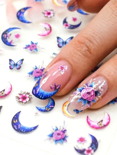 1片梦幻月亮蝴蝶美甲贴纸，彩色花卉美甲贴花，一次性自粘浮雕美甲装饰，甜美风格，适合约会和派对，图案生动，易于粘贴且牢固。