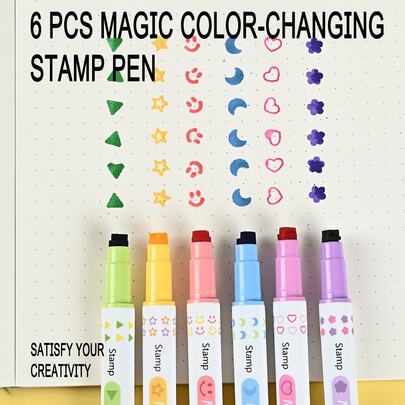 6pcs Magic Color Changing Stamp Pens - Ideal For Journaling And Drawing; Features Magical Color Changing Stamp Tips, Smooth-Writing Markers, Suitable For Diary Writing, Painting, School, Office Use; Best Choice For Students, Classroom Rewards, Holiday Gifts, School/Office Supplies