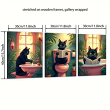 3pcs/Set. A Scene Depicting A Black Cat Perched On A Pink Toilet, Intently Reading A Newspaper. A Canvas Poster, Perfect As A Wall Decoration, Or For Decorating Bedrooms, Living Rooms, And Dorm Rooms. (Optional Frame) - A - View 3