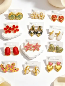 10 Pairs 304 Stainless Steel Enamel Heart Flower Bow Earrings Set, Colorful Non-Fading Gold Plated Earrings, Fashion Jewelry Gift - Multicolor - View 9
