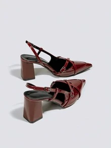 Giày cao gót nữ màu đỏ tía, khóa chéo, đế dày 7cm, sandal bít mũi trang trọng, giày cao gót dự tiệc cưới, giày bít mũi nhọn kiểu slip-on. - Màu Đỏ Sâu - Xem 5