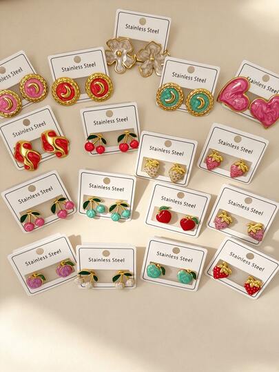 20 Pieces / Sets Of Stainless Steel Earrings, Featuring Geometric, Floral, Heart-Shaped, Strawberry, Cherry, Peach, Moon And Asymmetrical Designs. Elegant Earrings For Daily Wear, Ideal Valentine's Day Gift (Random Shipment)