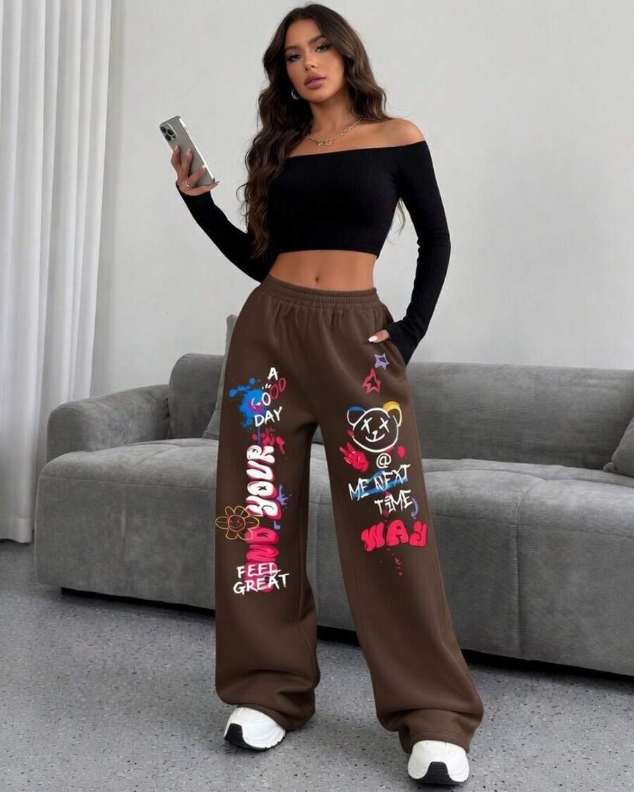 Baggy Sweatpants, Wide Leg Style, Bear Print, Graphite, Me Next Time, Streetwear Print - 咖啡棕 - 查看 1