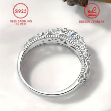 1pc Elegant 925 Sterling Silver Ring, Hollow Carved Design With Round Synthetic , Classic Engagement Wedding Anniversary Gift - Silvery - View 5