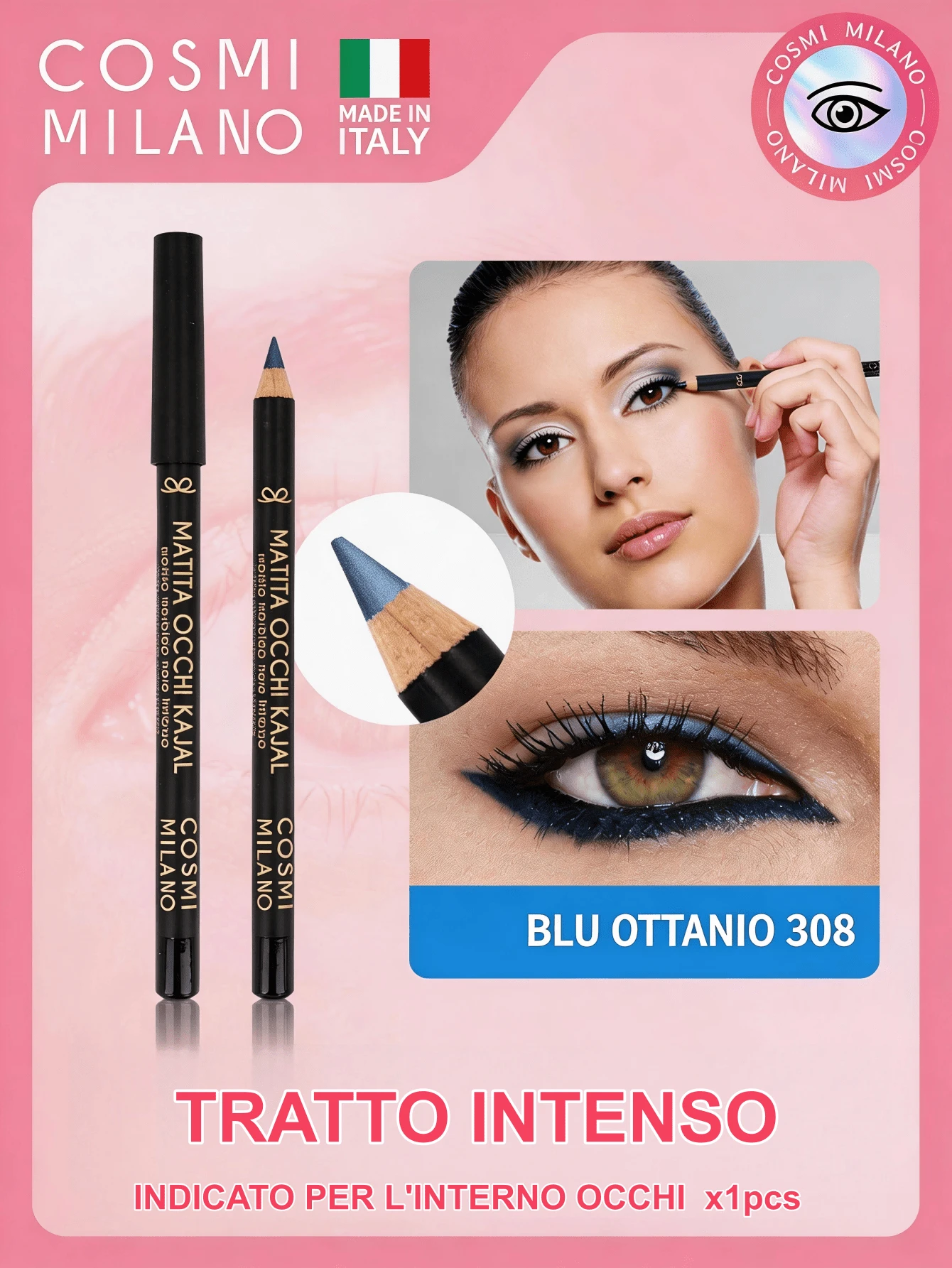 COSMI MILANO Multicolored Kajal Eye Pencil Made In Italy, Creamy Smooth Texture, High Pigmentation, Suitable For Y2k Contouring Natural And Dramatic Effect, Must-Have Essential Make Up Makeup Unmissable Summer Makeup, Perfect For Parties, Meetings, Beach Travel - BLU OTTANIO 308 - 查看 1