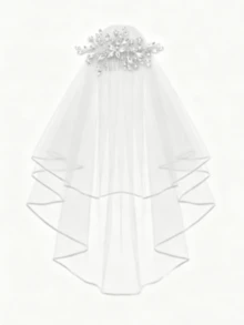 1pc Soft Yarn Rhinestone Leaf Bridal Headpiece Veil Decor,Summer,Beach,Wedding - White - View 5