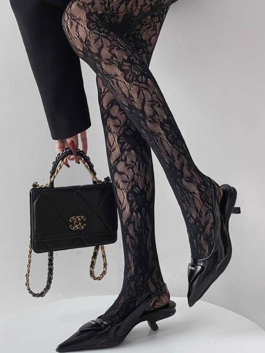 1pc Plus Size Jacquard Fishnet Stockings, Leaf Hollow Leggings, Sexy & Fashionable, Suitable For Party, Home, Office, Black Tights - Black - View 1