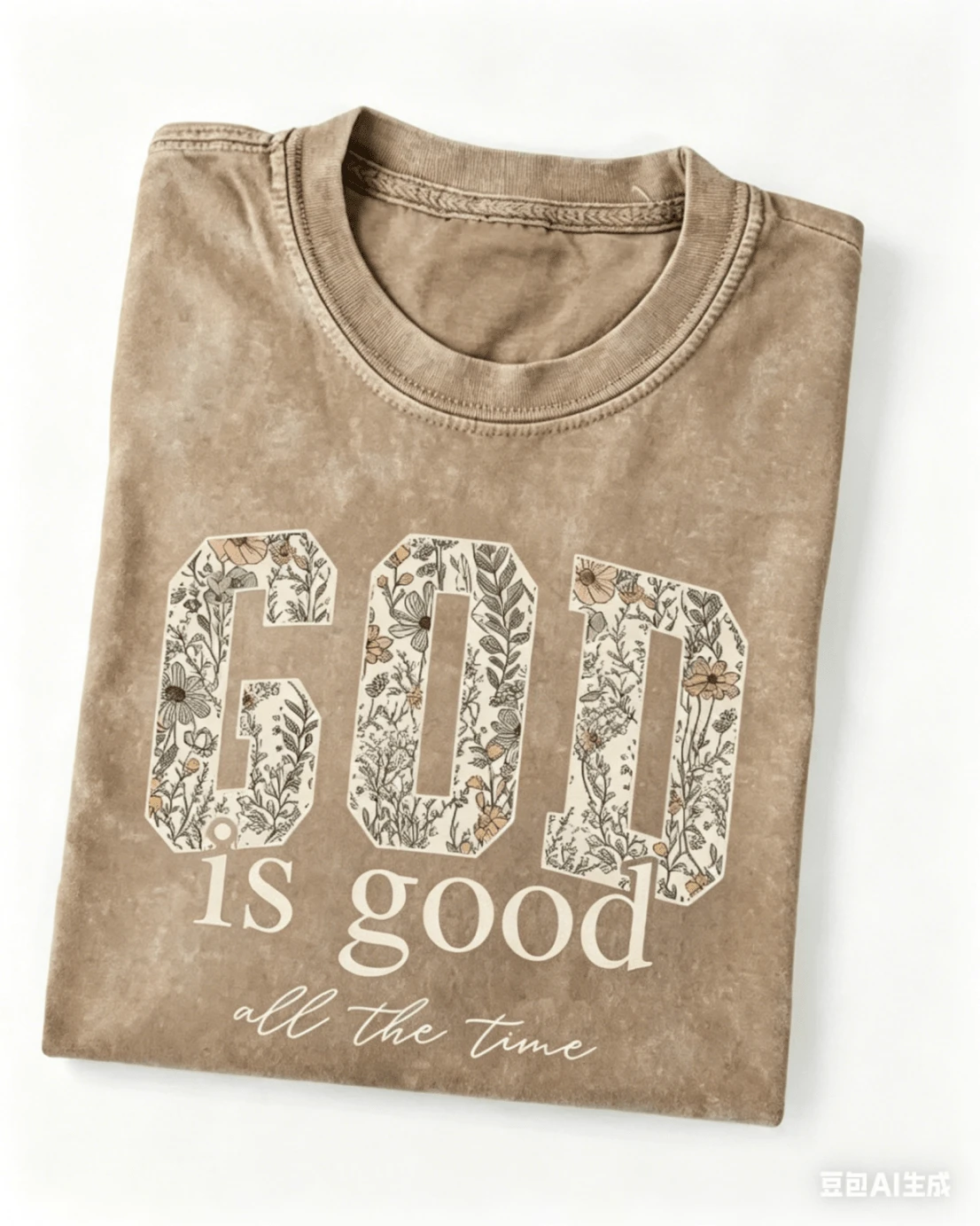 Women's God Is Good Floral Graphic T-Shirt, Retro Christian Faith Tee, Casual Crewneck Short Sleeve, Vintage Washed Cotton Top - 咖啡棕 - 查看 1