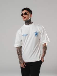 Men's Oversized Crew Neck T-Shirt DMUNIZ Brazil Streetwear – 100% Cotton New Release Number One Print, Workout, Gym. - Cream - View 2