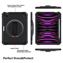 适用于 iPad 9.7/10.2/10/11/Pro/Air 系列的平板电脑保护套，带可旋转内置支架，防震防滑，精准开孔，配有可调节肩带和手带。 - 黑色 - 查看 3