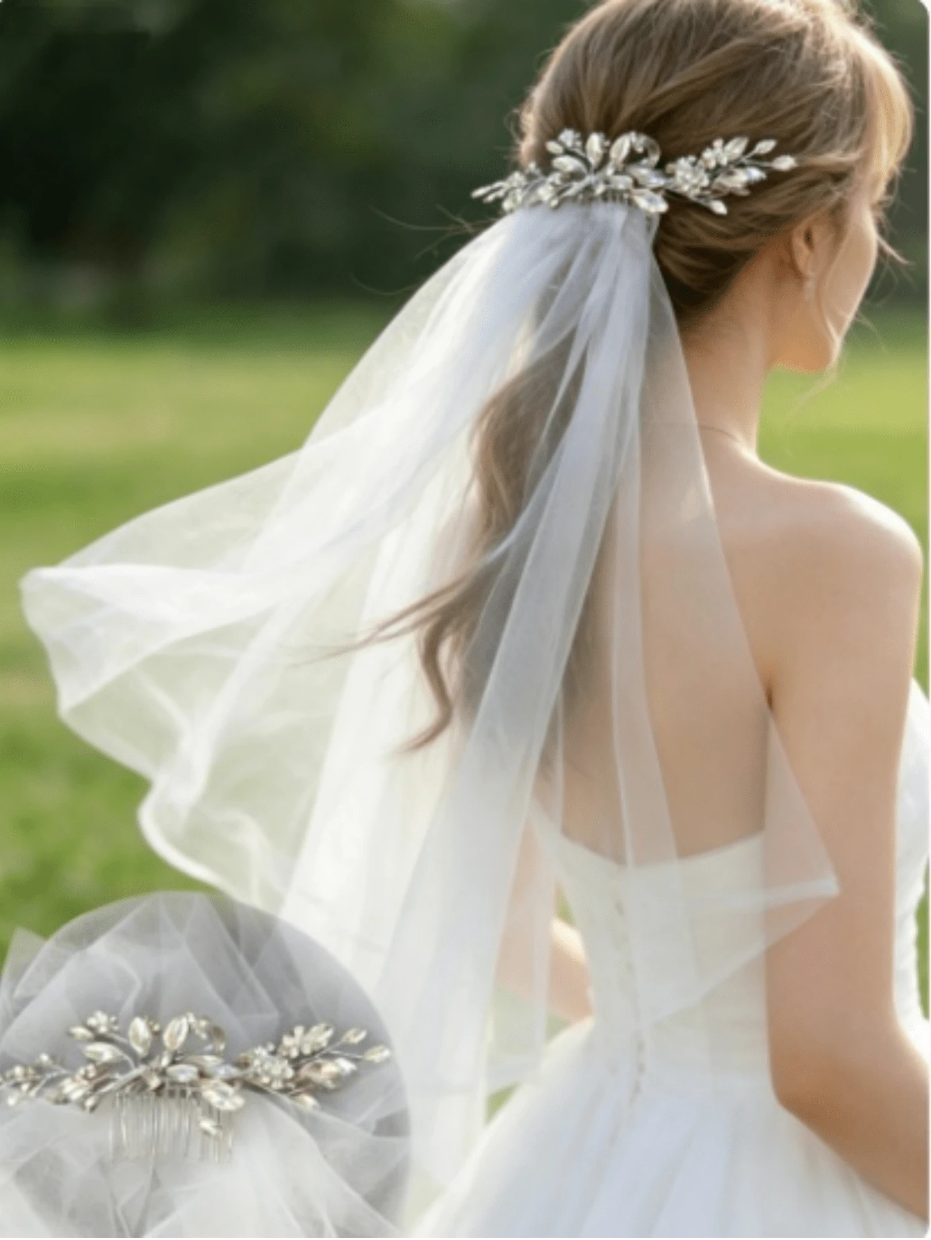1pc Soft Yarn Rhinestone Leaf Bridal Headpiece Veil Decor,Summer,Beach,Wedding - White - View 1