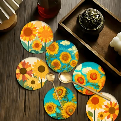 6 pezzi Set di sottobicchieri con motivo a girasole, sottotazze per tè, sottobicchieri per bicchieri d'acqua, sottobicchieri per bicchieri di vino, sottotazze per caffè, sottobicchieri rotondi assorbenti in gel di silice, decorazione per la casa, regali per feste e servizio da tavola, adatti per tutte le stagioni