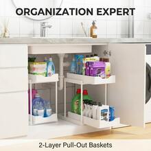 NATURAL SUMMERTIME 2-Piece Under-Sink Storage Rack, Double-Layer Sliding Design, Bathroom Cabinet Storage Box, Sliding Cabinet Drawer Storage Basket, Kitchen Accessories, Kitchen Organization Supplies, Bathroom Counter Storage Organizer With 10 Hooks. - 查看 5