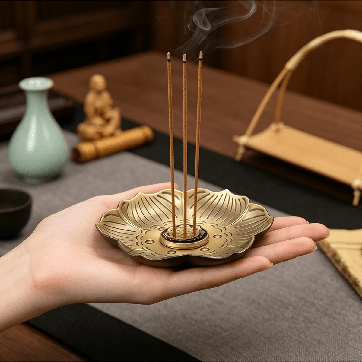 1pc Plum Blossom Incense Burner, Multi-Hole Alloy Incense Holder, Sandalwood Incense Burner, Home Indoor Incense Stand, Gift For Birthday, Graduation - Bronze - View 1