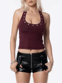 Women's O-Ring Studded Y2k Halter Neck Crop Tank Tops Slim Fit Scoop Neck Rivet Metal Eyelet Backless Sleeveless Vest Summer Y2K Streetwear Gothic Punk Clothes Rave Costumes Party Clubwear - 酒紅色 - 查看 7