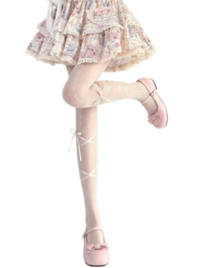 Japanese Lolita Style Sweet Cross Strap Bow Print Tights, Women's Ballet White Pantyhose, Anti-Snag, Suitable For Parties And Gatherings
