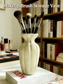 Cream Ceramic Vase With Ruffle Rim, Multifunctional Desktop Storage For Makeup Brushes, Pens, Jewelry, Home Decor,Bedroom Room Decor,Back To School - View 4
