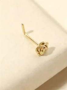 1pc 18K Gold Plated Stainless Steel L-Shaped Rose Flower Nose Ring, Suitable For Summer Cute Nose/Ear Piercing Jewelry, Available In Butterfly, Rose, Zirconia, Flower Designs, Y2K And Gothic Style Body Piercing Accessories For Nose Stud, Lip Ring, Ear Stud, Cartilage Hoop Etc. - Yellow Gold - View 3