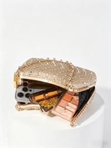 Túi xách xích đính đá kim cương thời trang phong cách Châu Âu & Mỹ, Túi dạ hội cao cấp, Túi mùa hè, Túi đi biển, Túi ngày lễ - Vàng - Xem 5