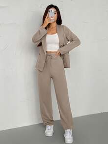 2pcs Women Thin Lapel Blazer Jacket And Elastic Waist Pants Set Spring - Grey - View 4