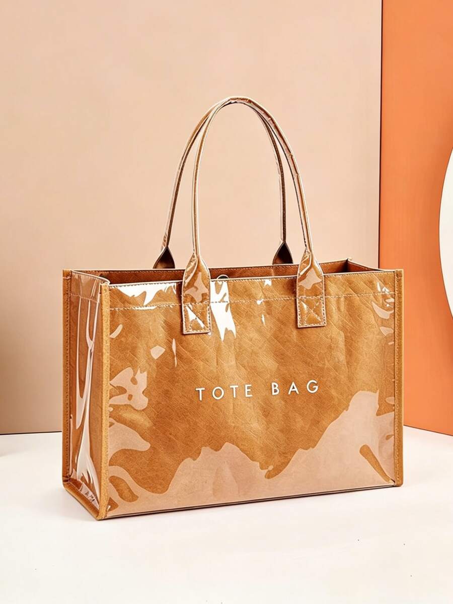 Bolso grande de capacidad transparente con asa de material, impermeable, bolso de estilo neutro coreano, de moda, estilo retro y casual de la calle, estilo japonés holgado, adecuado para estudiantes, gimnasio, yoga y viajes, bolso de mamá, estilo minimalista con diseño de estrella, con textura de crep y material de papel compuesto - Marrón - Ver 1