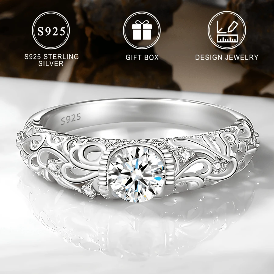 1pc Elegant 925 Sterling Silver Ring, Hollow Carved Design With Round Synthetic , Classic Engagement Wedding Anniversary Gift - Silvery - View 1