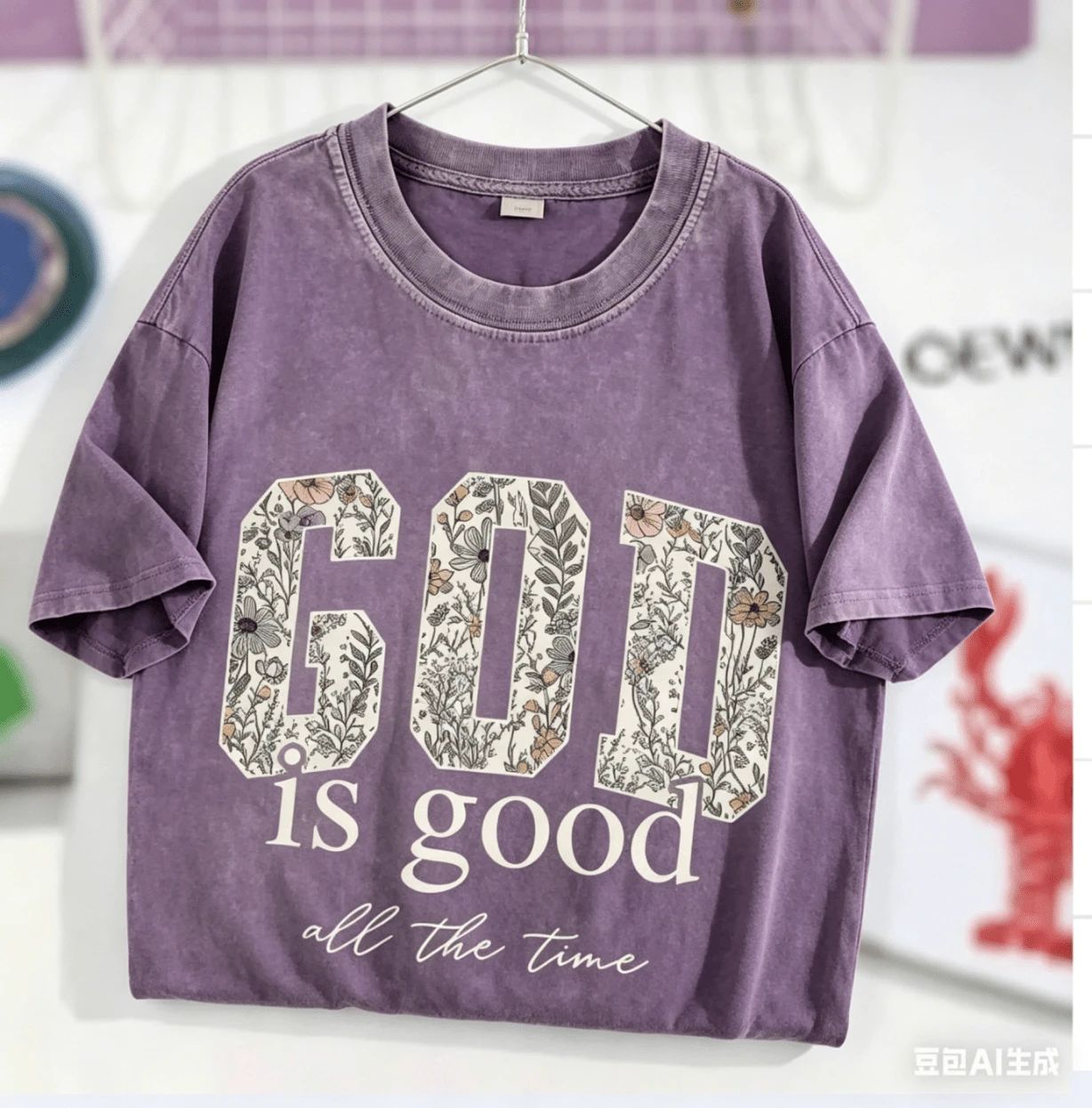 Women's God Is Good Floral Graphic T-Shirt, Retro Christian Faith Tee, Casual Crewneck Short Sleeve, Vintage Washed Cotton Top - 紫羅蘭色 - 查看 1