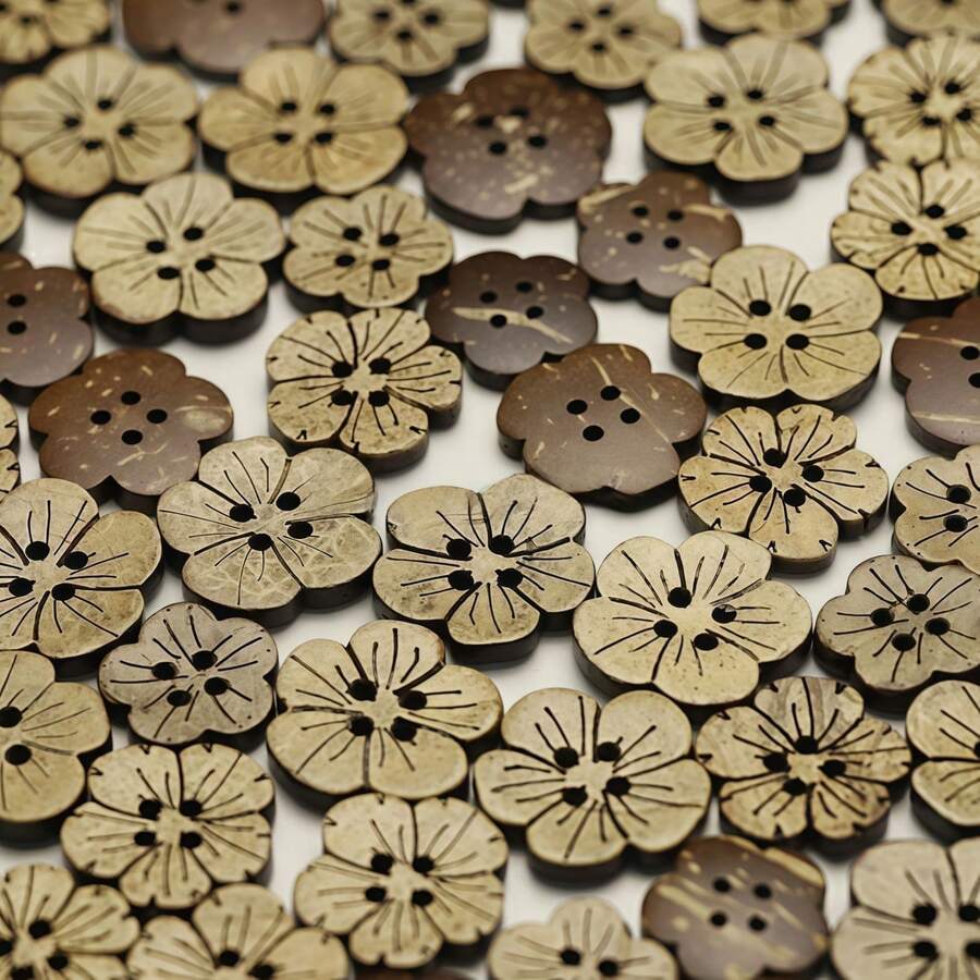 10 pièces Boutons en coquille de noix de coco naturelle - Motif floral en bois marron, centre noir, convient pour l'artisanat, la fabrication de bijoux et la décoration d'intérieur, boutons d'artisanat | Motif floral | Matériau naturel