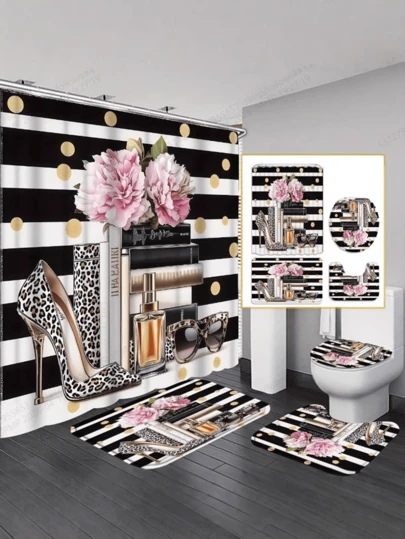 1/4 piezas Juego de cortina de ducha decorativa con estampado de libro, perfume, gafas de moda y tacones altos, cortina de ducha de tela de poliéster lavable con 12 ganchos, alfombra de baño antideslizante, alfombrilla en forma de U para inodoro, tapa de inodoro
