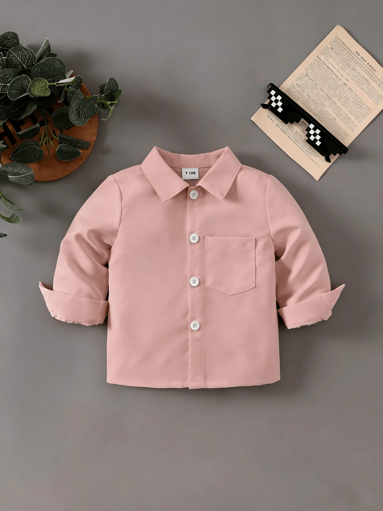Baby Boy Fashionable Casual Versatile Black Collared Shirt - Coral Pink - View 1